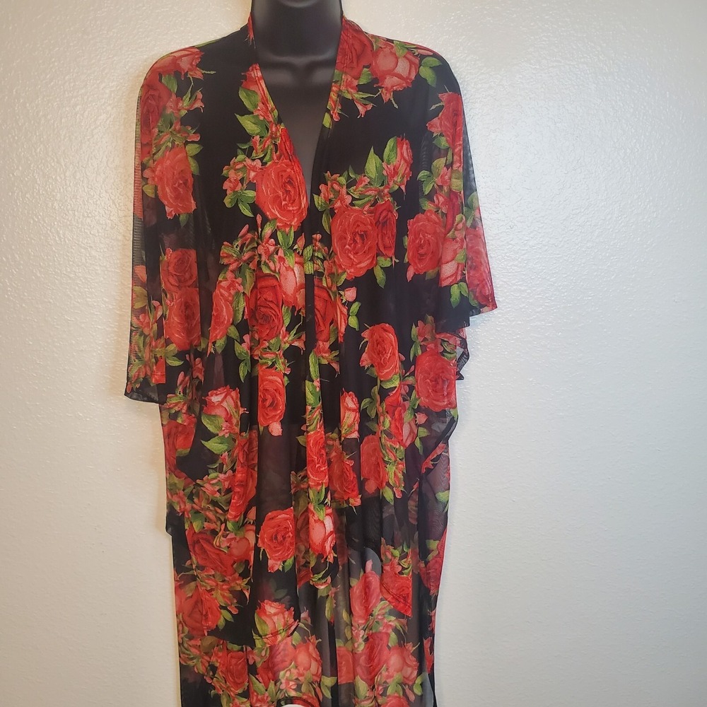 Femmina S Black Kimono Cardigan Red Floral Roses Sheer Whimsigoth Romantic Top